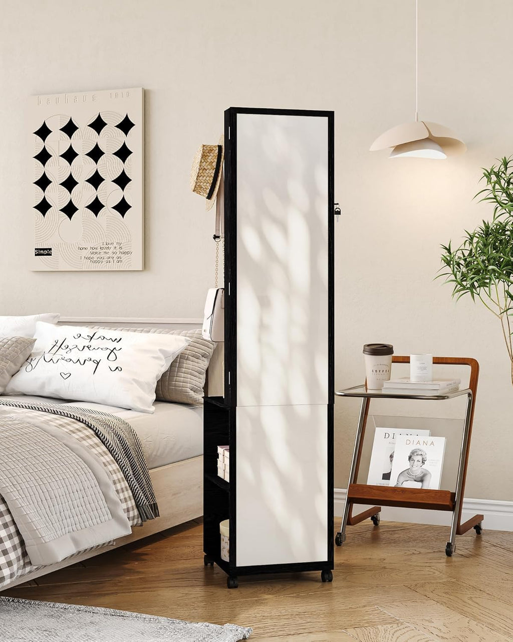 Hzuaneri 8 LEDs Jewelry Cabinet Armoire, 66.9-inch Jewelry Organizer with Garment Rack, Lockable Full-length Mirror with 4 Wheels, Storage Shelves with Hooks, 5-in-1, Black JC17004B
