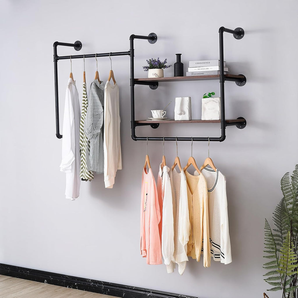 Industrial Pipe Wall-Mounted Clothing Rack with 2 Wood Shelves - Heavy Duty Double Rod Metal Garment Organizer for Bedroom/Retail Stores, Black (30H×12.5D×59W inch)