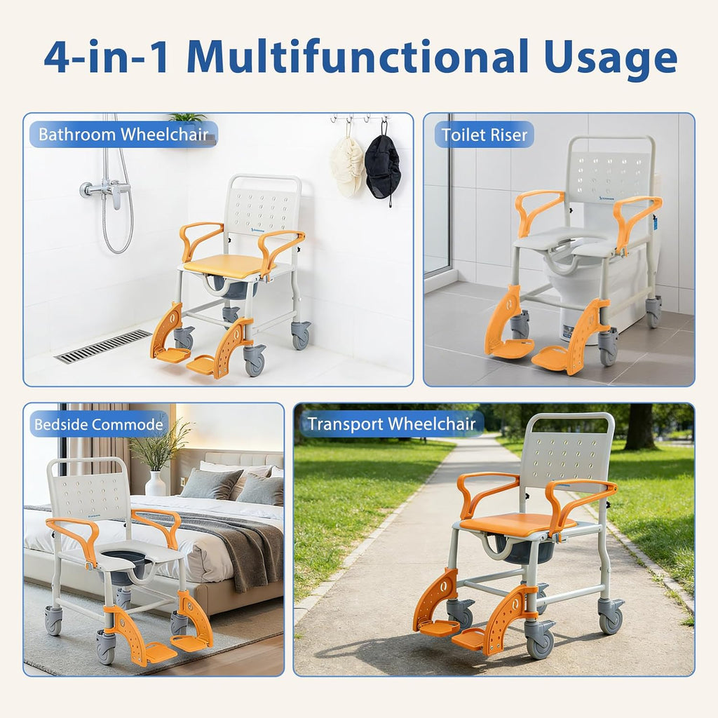 4-in-1 Rolling Shower Commode Chair with Drop Arms & Locking Casters, Anti-Tilt Heavy Duty Bedside Safety Seat for Elderly, High-Visibility Orange, 350lbs Capacity