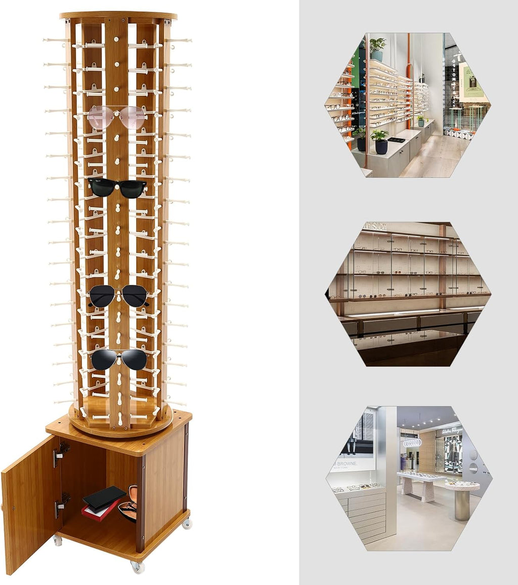 90 Pairs Sunglasses Rack Floor Standing Rotating Glasses Display Stand 5-Sided Wood Eyeglasses Holder with Wheels and Storage Cabinet Mobile Commercial Eyewear Organizer (Light Brown)