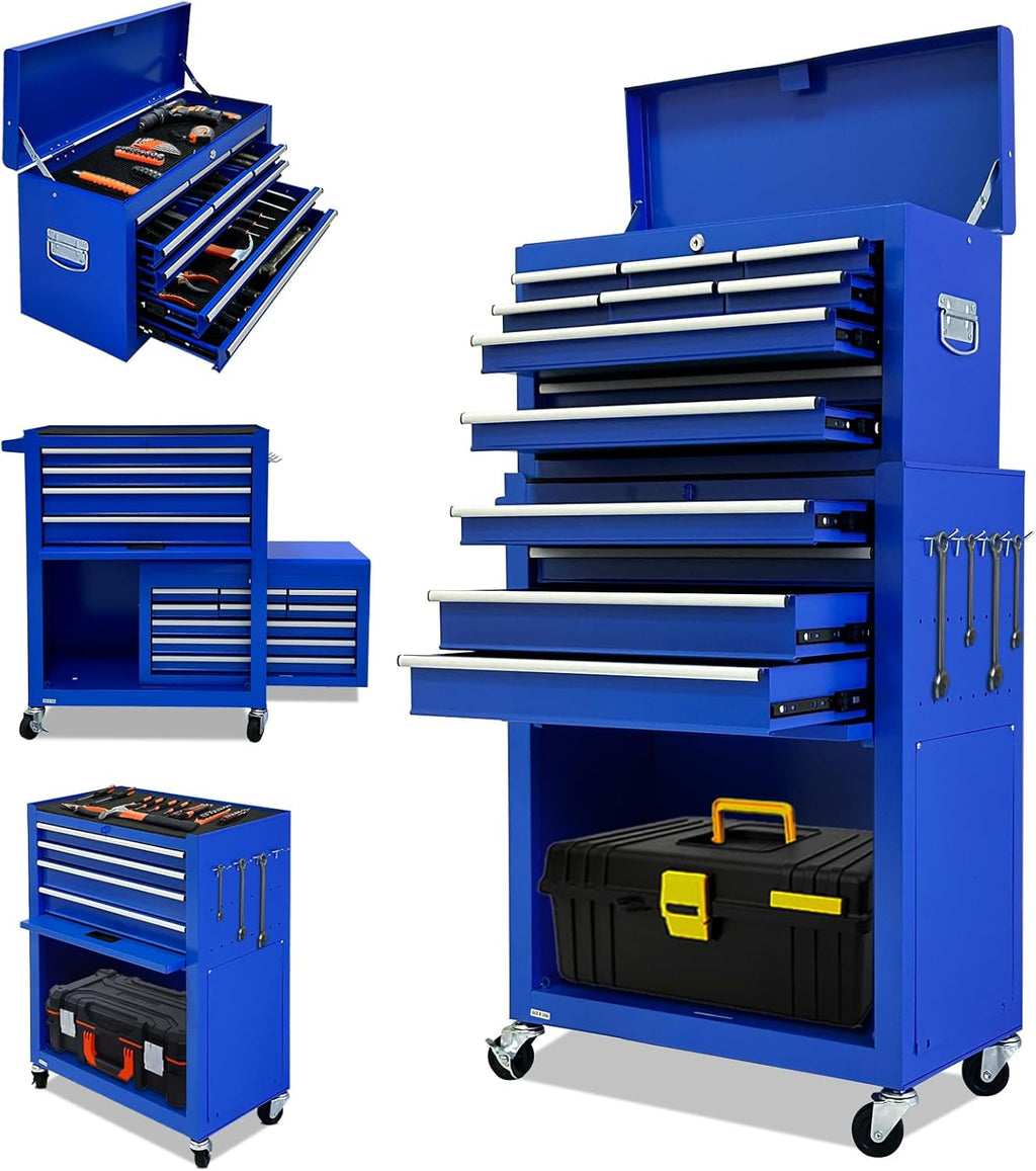 13-Drawer Rolling Tool Chest, 2-in-1 Heavy Duty Detachable Storage Cabinet with Lockable Wheels & Removable Top Box, 600 lbs Capacity for Mechanics, Garage Workshop (Blue)