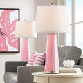 Color + Plus Leo Modern Table Lamps 29 1/2' Tall Set of 2 Haute Pink Glass Tapered Column Plain White Drum Shade Decor for Bedroom Living Room House Home Bedside Nightstand Office Family