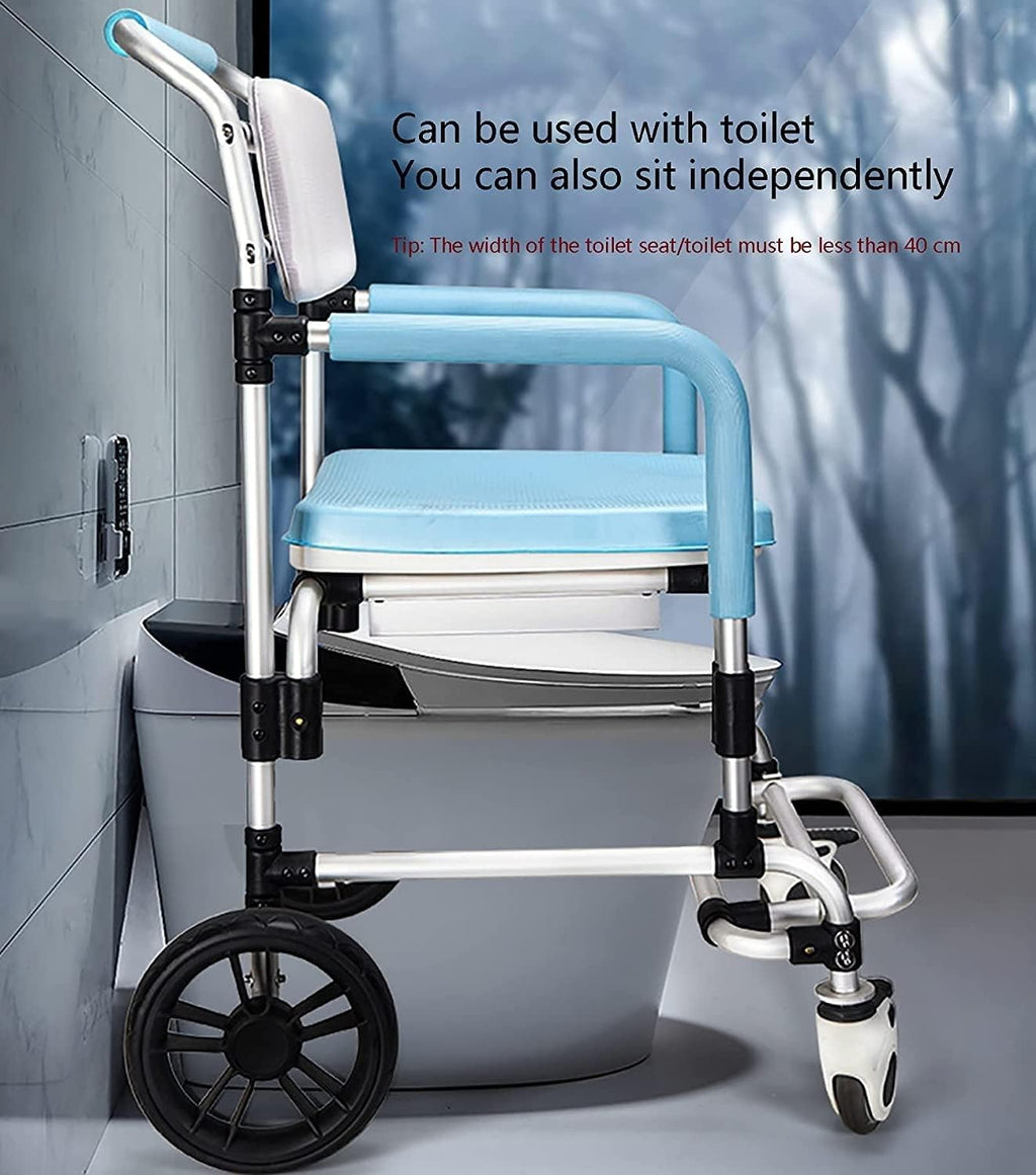 Commode Wheelchair, Shower Chair, Commode Chair, Bedside Commode, Toilet Seat Shower Transport Chair, 4 in 1 Portable Aluminum Bath Chair for Elderly, Seniors, Disabled, Pregnant
