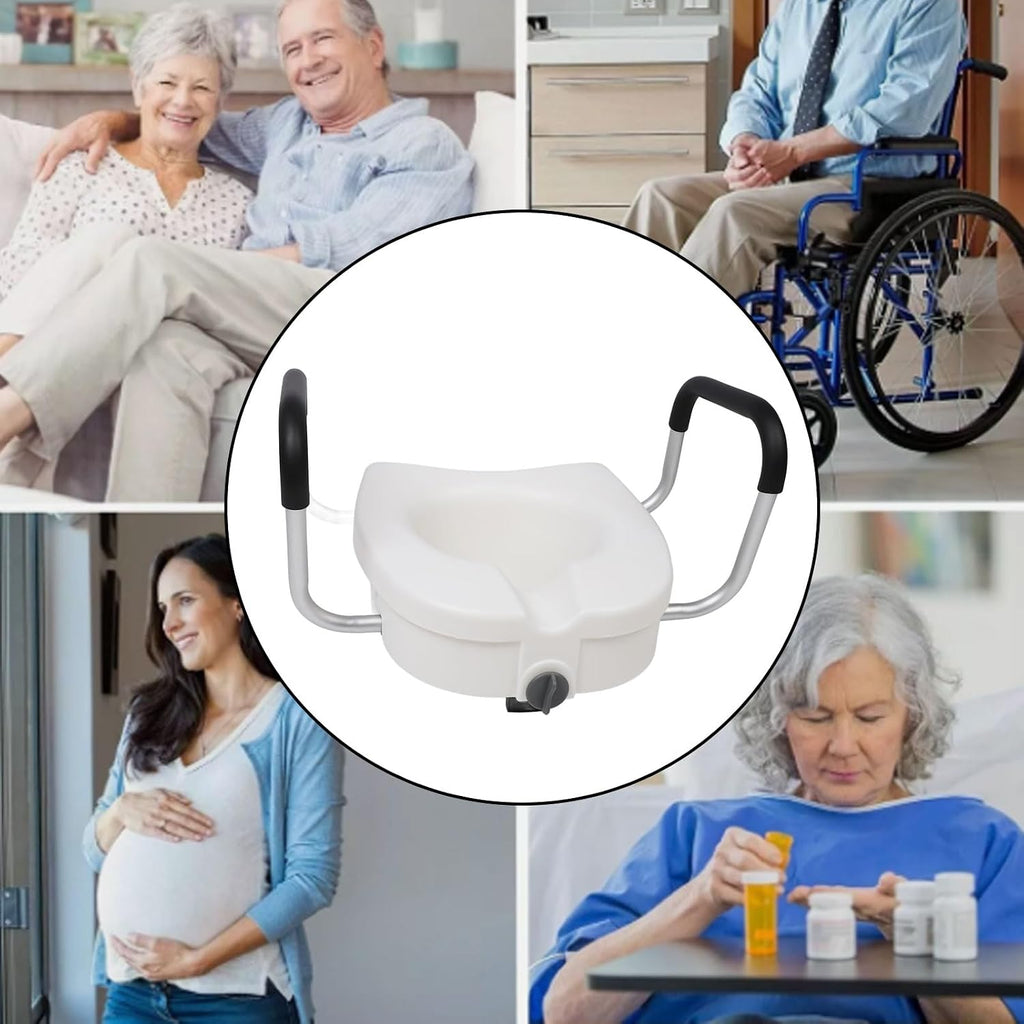 Toilet Seat Riser, Adjustable Removable Padded Arms Raised Toilet Seat Cushion for Elderly Pregnant Handicap (White)