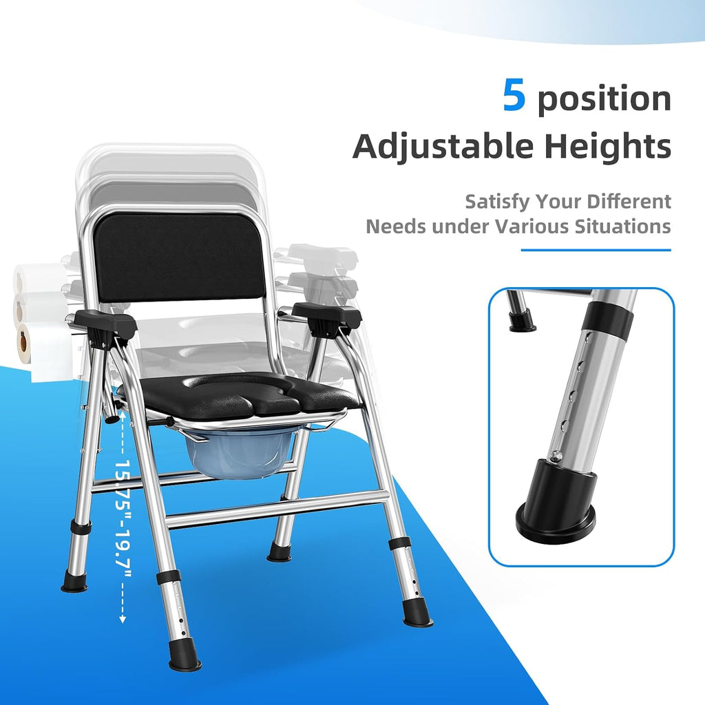 4 in 1 Folding Bedside Commode Chair for Elderly with Arms and Back,Adjustable Height Raised Toilet Seat with Handles,Adults Potty Chair for Seniors,Disabled and Pregnant