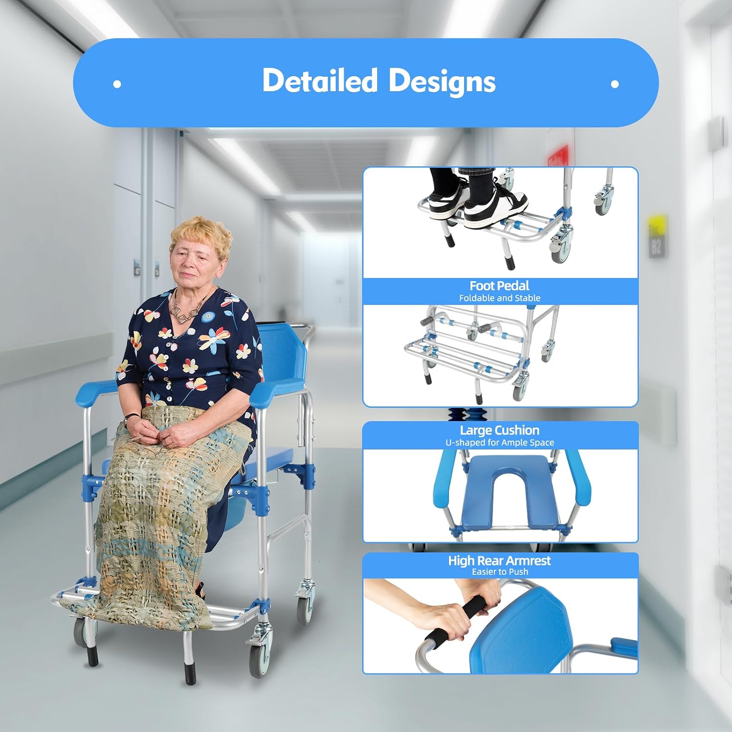 Bedside Commodes Chair with Wheels for Seniors Portable Shower Chair 330 Lb Capacity- Heavy Duty Raised Toilet Seat with Anti-Rollover Foot Pedal Armrests and Bucket, Blue