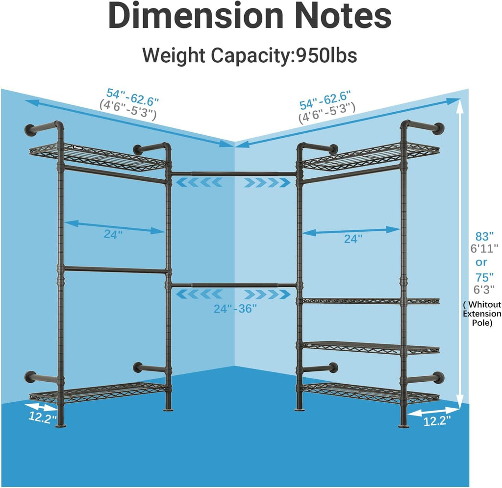 Timate L3 L Shape Garment Rack Heavy Duty Clothes Rack for Hanging Clothes, Expandable Industrial Pipe Wall Mounted Clothing Rack, Adjustable Corner Closet Wardrobe Closet Kit Closet Systems, Black