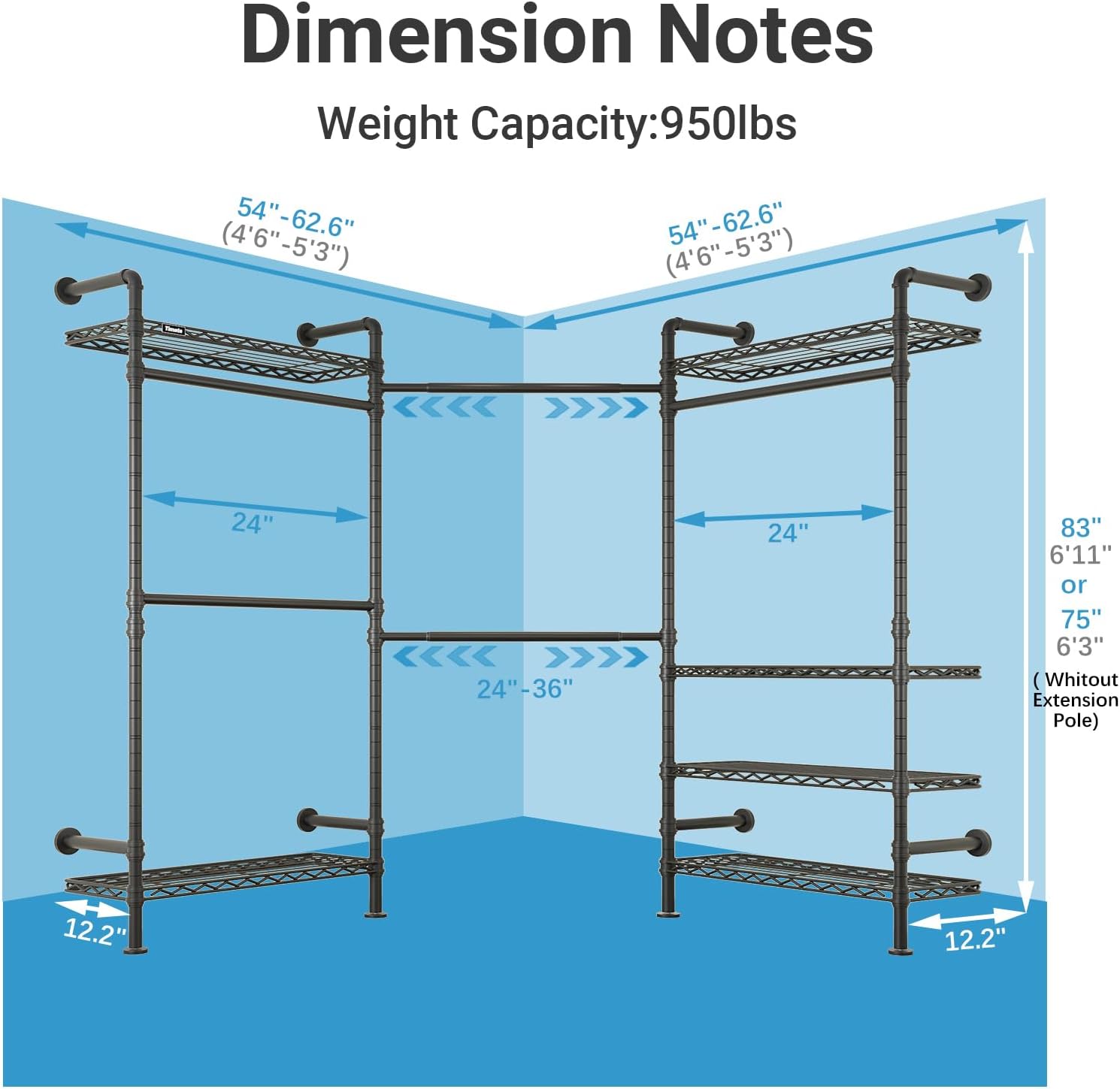 Timate L3 L Shape Garment Rack Heavy Duty Clothes Rack for Hanging Clothes, Expandable Industrial Pipe Wall Mounted Clothing Rack, Adjustable Corner Closet Wardrobe Closet Kit Closet Systems, Black