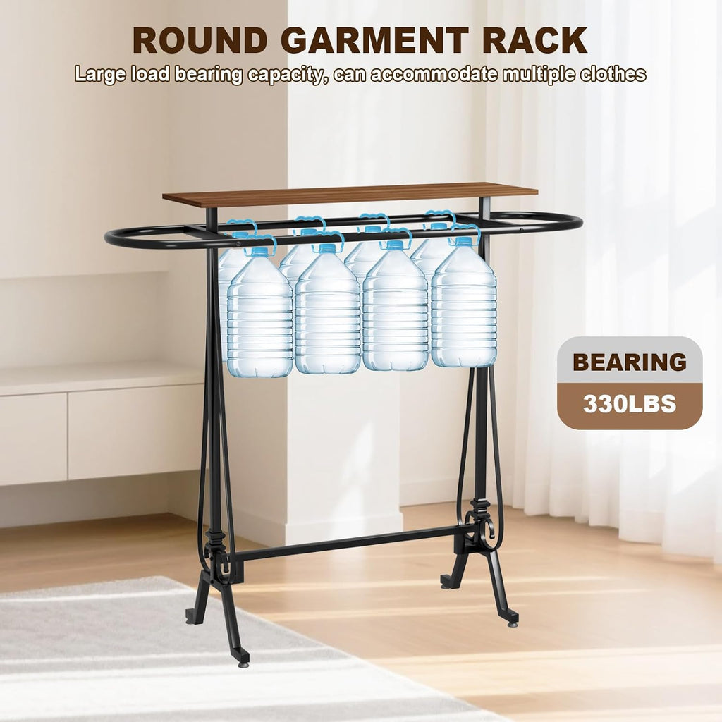 Round Garment Rack, Floor Standing Clothes Retail Display Stand, Oval Iron Clothing Rack with Wooden Topper, Suitable for Boutique Home Commercial Shop (Brown)