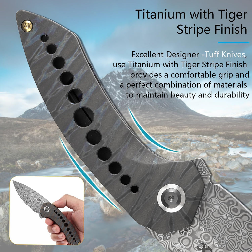 KANSEPT ODD 21 Pocket Folding Knives for Camping Hiking Folding Knife 3.06'' Damascus Blade EDC Knife with Titanium with Tiger Stripe Finish Handle for Men and Women Everyday Carry K1077A5
