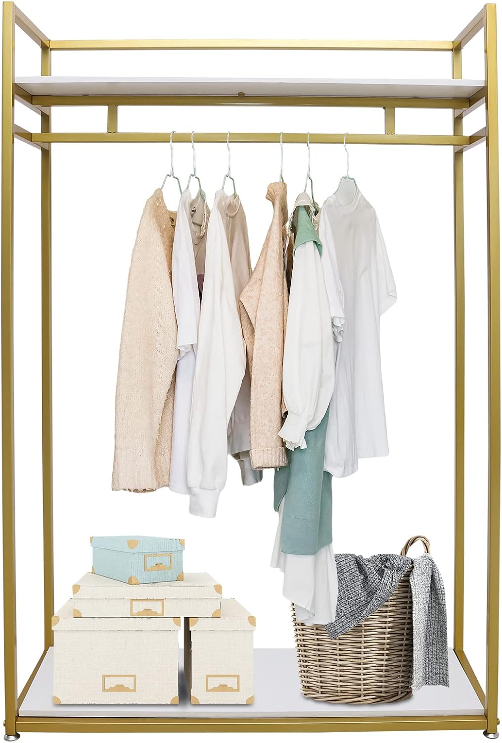 Clothes Rack, Freestanding Metal Garment Rack with Adjustable Foot Pads, Gold Clothes Clothing Display Stand Closet Organizer for Bedrooms Laundry Living Dance Rooms Clothing Retail Stores Etc