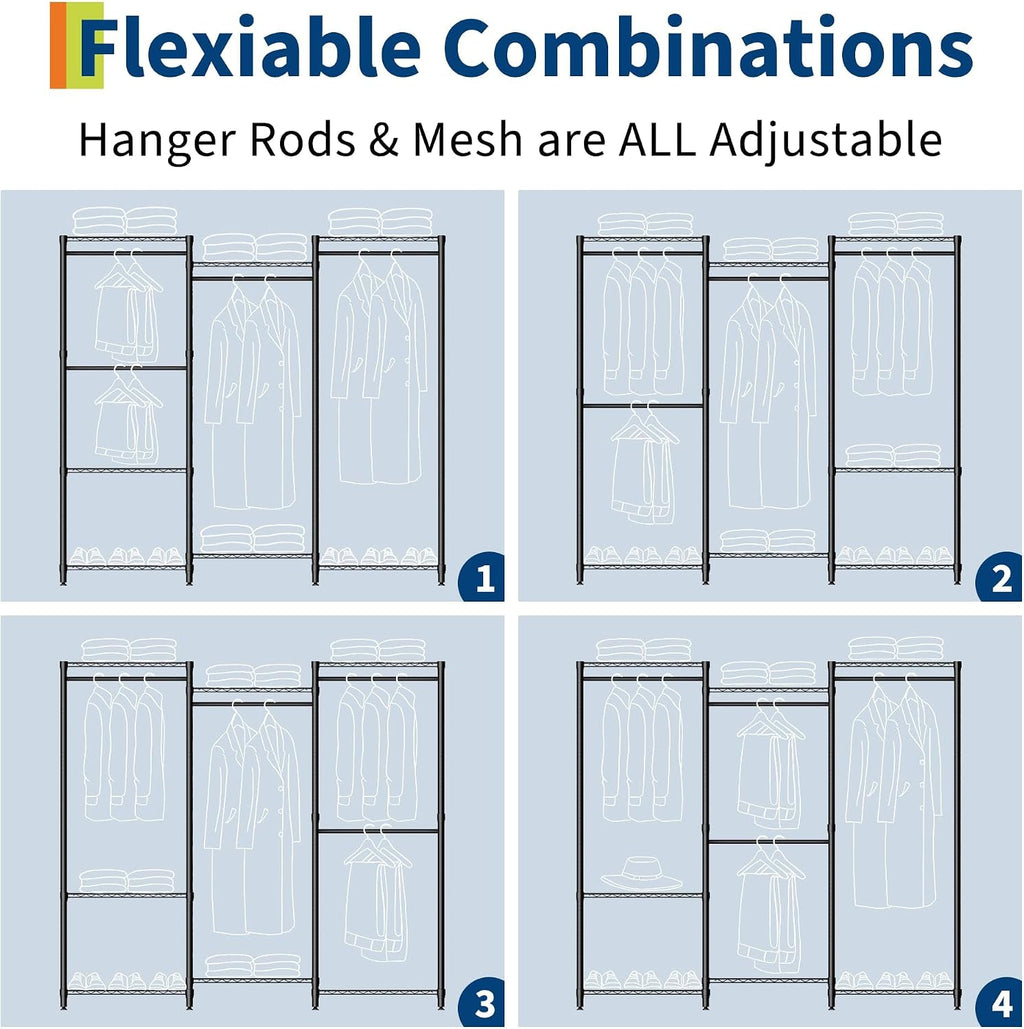 5-Tier Heavy Duty Clothes Rack, 1630LBS Load, Sturdy Metal Garment Rack with Wire Shelves, Multi-Functional Wardrobe Closet with Hanger Rods for Hanging Clothes, 15.5'D x 67.6'W x 76.5'H