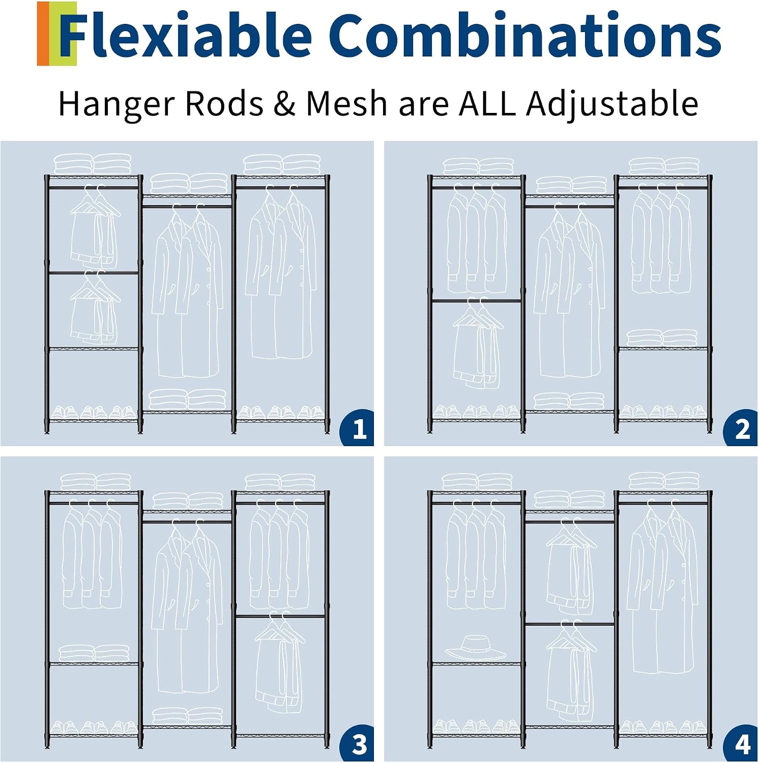 5-Tier Heavy Duty Clothes Rack, 1630LBS Load, Sturdy Metal Garment Rack with Wire Shelves, Multi-Functional Wardrobe Closet with Hanger Rods for Hanging Clothes, 15.5'D x 67.6'W x 76.5'H