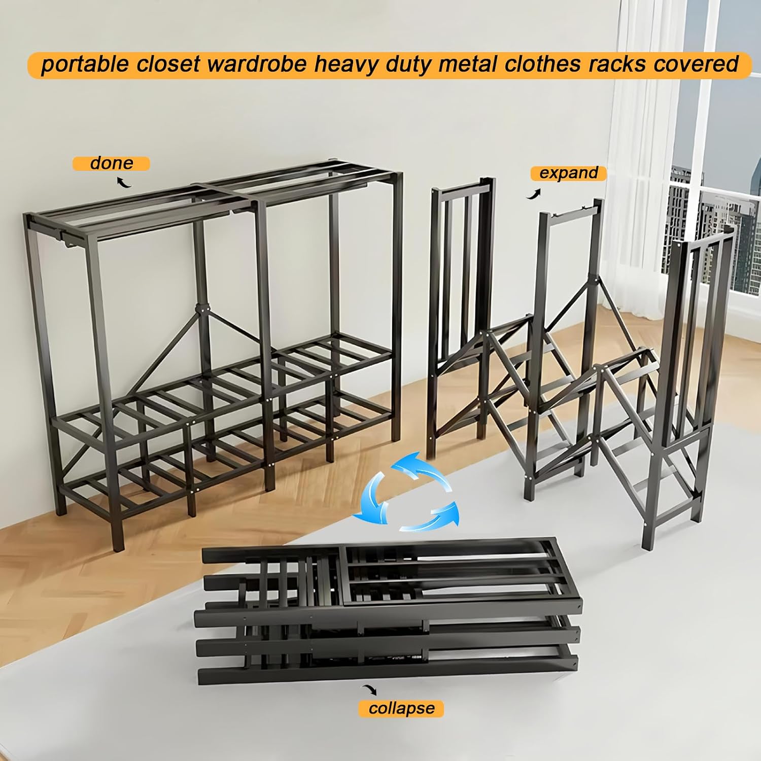 49.2in Foldable Portable Wardrobe with Magnetic Door Large Heavy Duty Rolling Covered Clothes Rack Folding Closet on Wheels Metal Garment Rack for Hanging Clothes (B,Black Door, 125cm/49.2in)