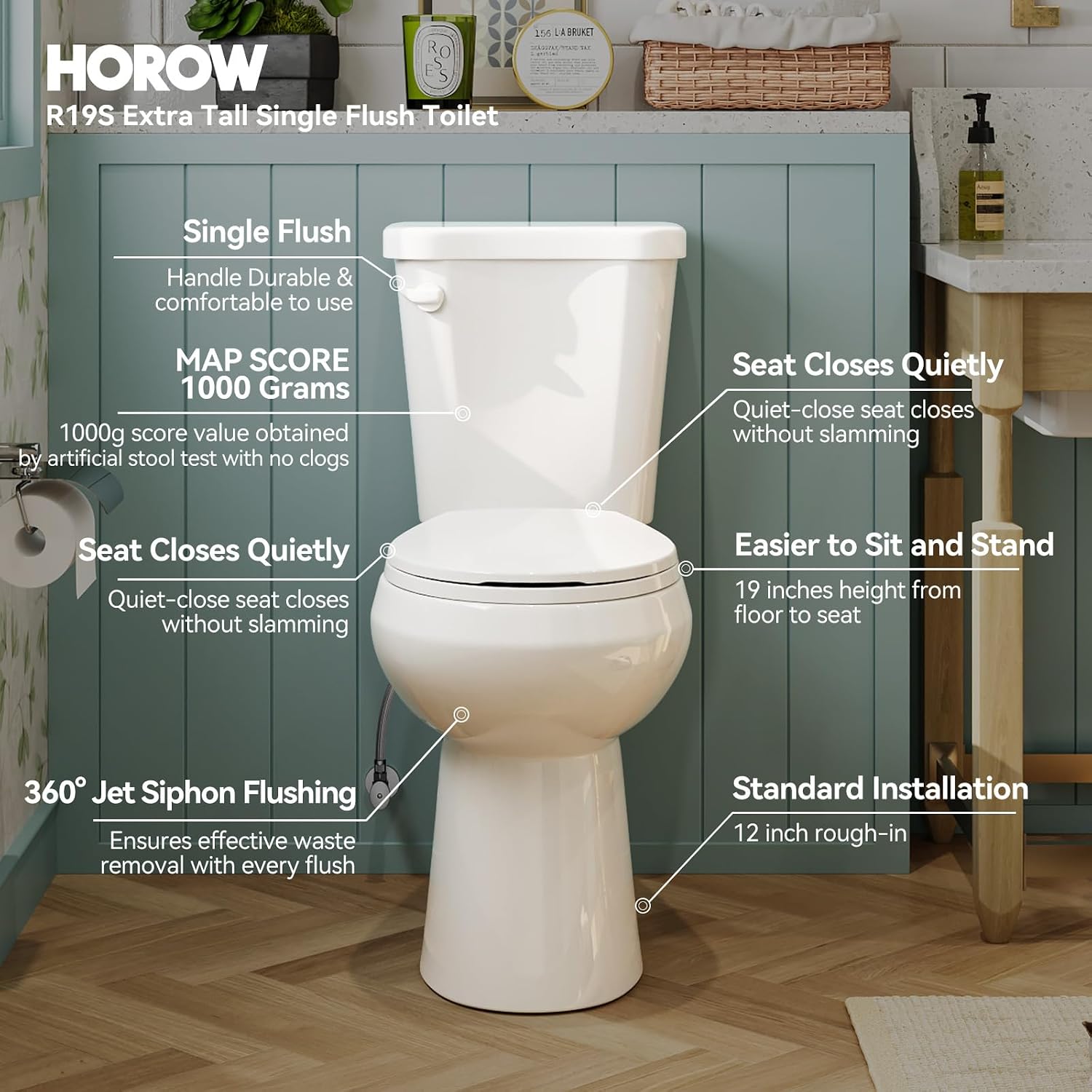 HOROW 19 Inch Tall Toilets, Extra High Toilets with Comfortable Chair Height Seat, 1.28 GPF Single Flush Two-Piece Toilet, 12' Rough In Round Bowl for Seniors, Pregnant, Disabled & Tall Person, White