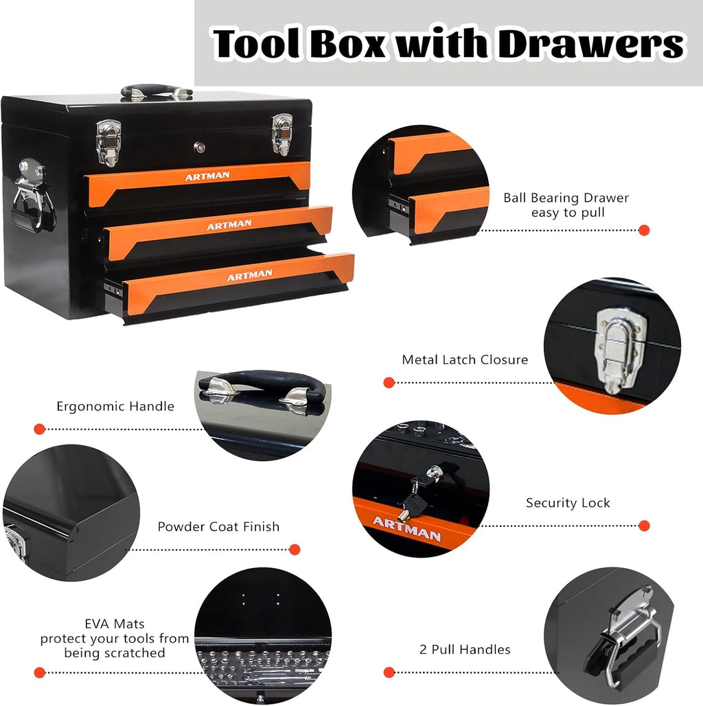 3 Drawer Tool Chest 439-Piece Mechanics Tool Set with Lock, Portable Household Tool Kit Heavy Duty Metal Tool Box for Garage, Warehouse,Workshop and Auto Repair (Orange)