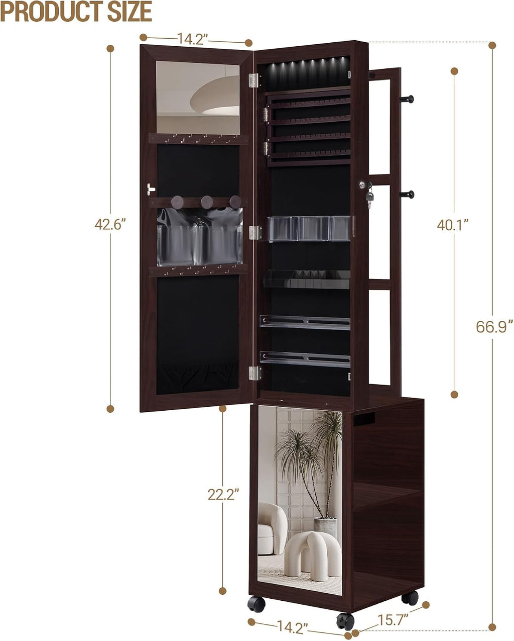 Hzuaneri 8 LEDs Jewelry Cabinet Armoire, 66.9-inch Jewelry Organizer with Garment Rack, Lockable Full-length Mirror with 4 Wheels, Storage Shelves with Hooks, 5-in-1, Brown JC17019B