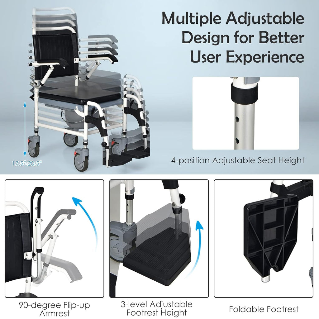 GYMAX 4-in-1 Bedside Commode, Shower Chair with Lockable Wheels, Height Adjustable Rolling Toilet Chair with Detachable Bucket, Portable Handicap Transport Wheelchair for Adult, Disabled, Elderly
