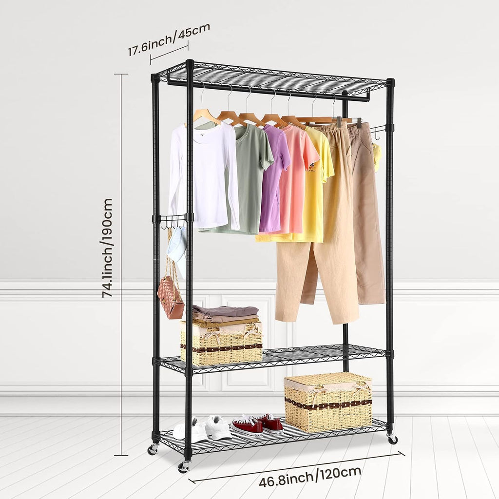 Homdox Garment Rack with 3 Tier Wire Adjustable Shelves, Rolling Clothes Rack Heavy Duty, 1 Hanging Rod, 2 Side Hooks, Black