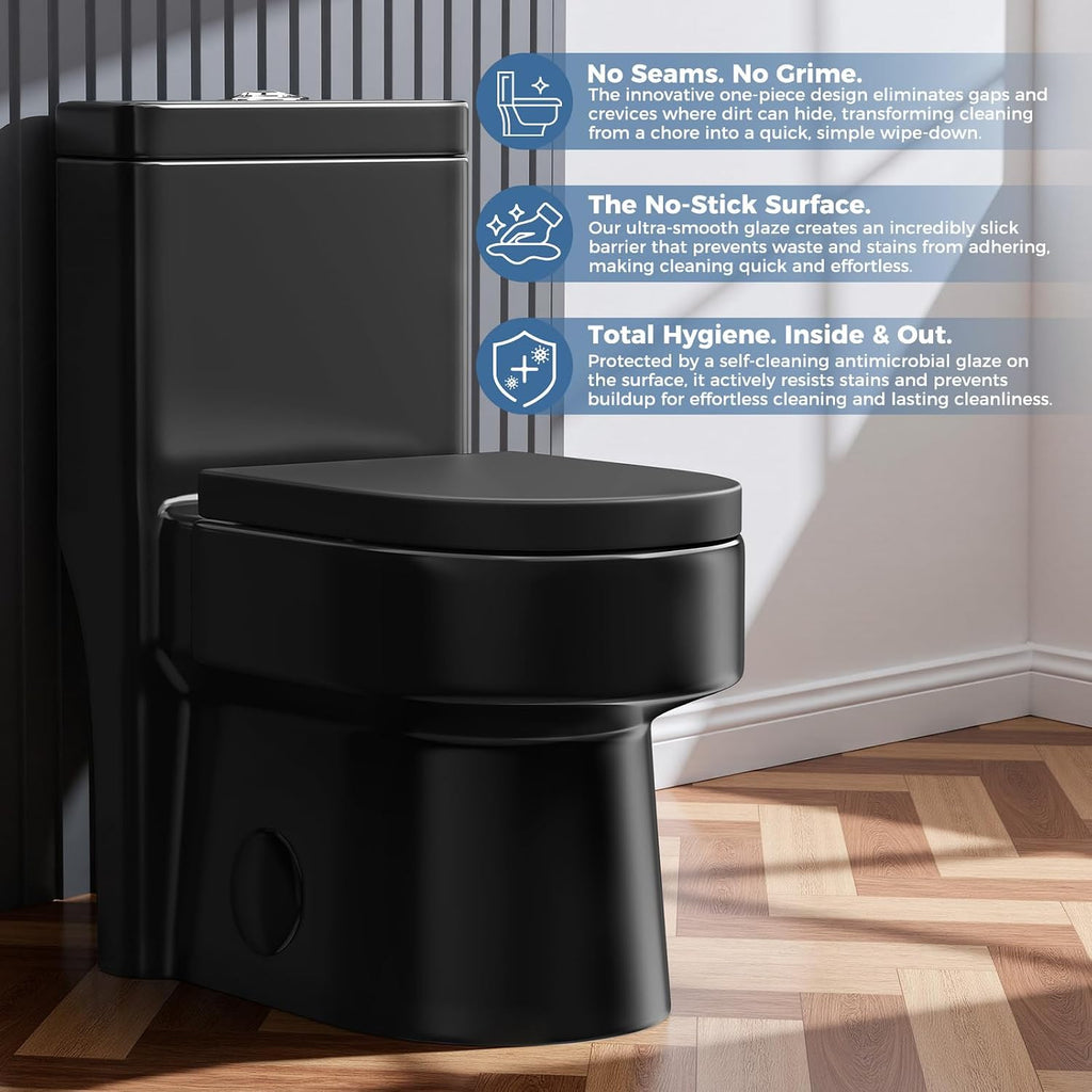 Compact Black One Piece Toilet with Soft-close Seat Lid, Power Dual Flush 1.2/1.85 GPF, Standard White Toilet Bowl, Space-saving Design For Limited Layouts,12'' Rough-in