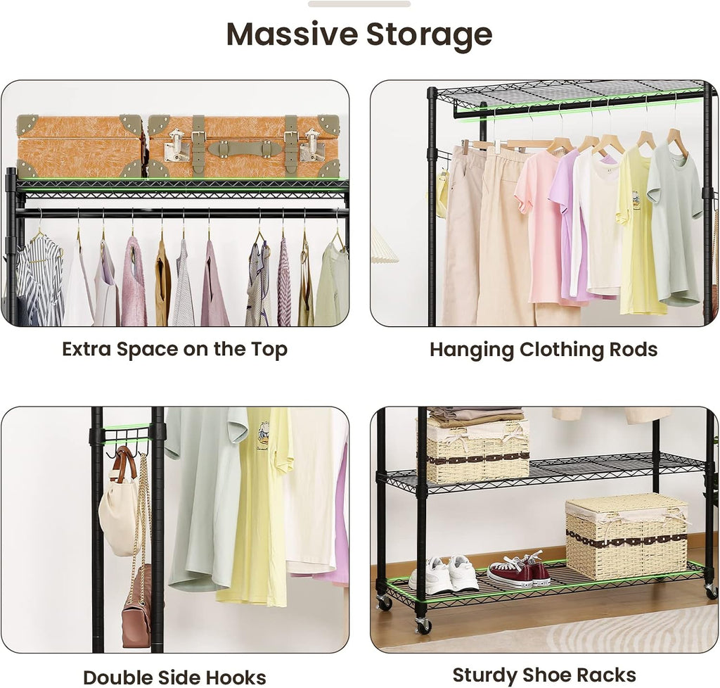 Homdox Garment Rack with 3 Tier Wire Adjustable Shelves, Rolling Clothes Rack Heavy Duty, 1 Hanging Rod, 2 Side Hooks, Black