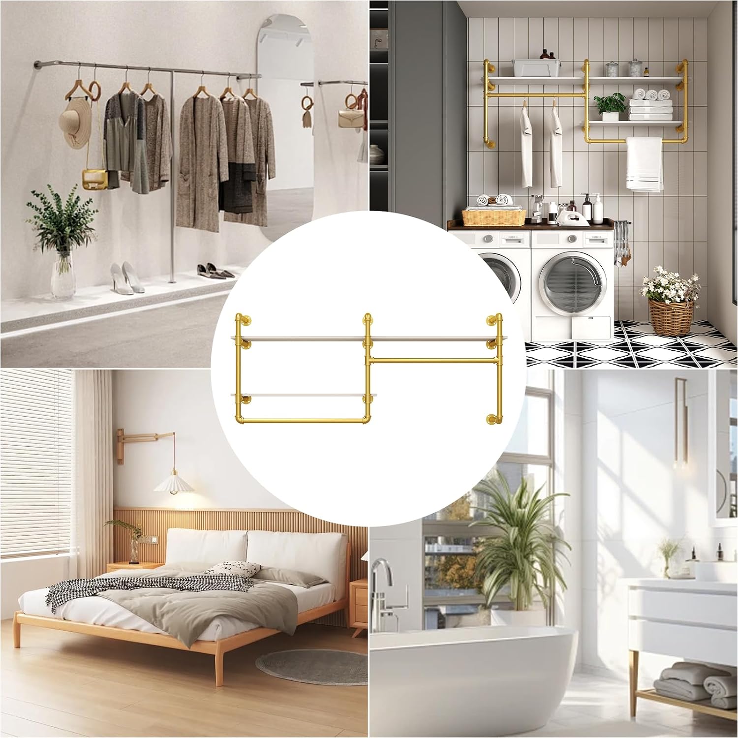 Industrial Pipe Clothing Rack Wall Mounted - Heavy Duty 2-Tier Closet Organizer with Wood Shelves & Dual Hanging Rods for Bedroom/Retail Store, Gold
