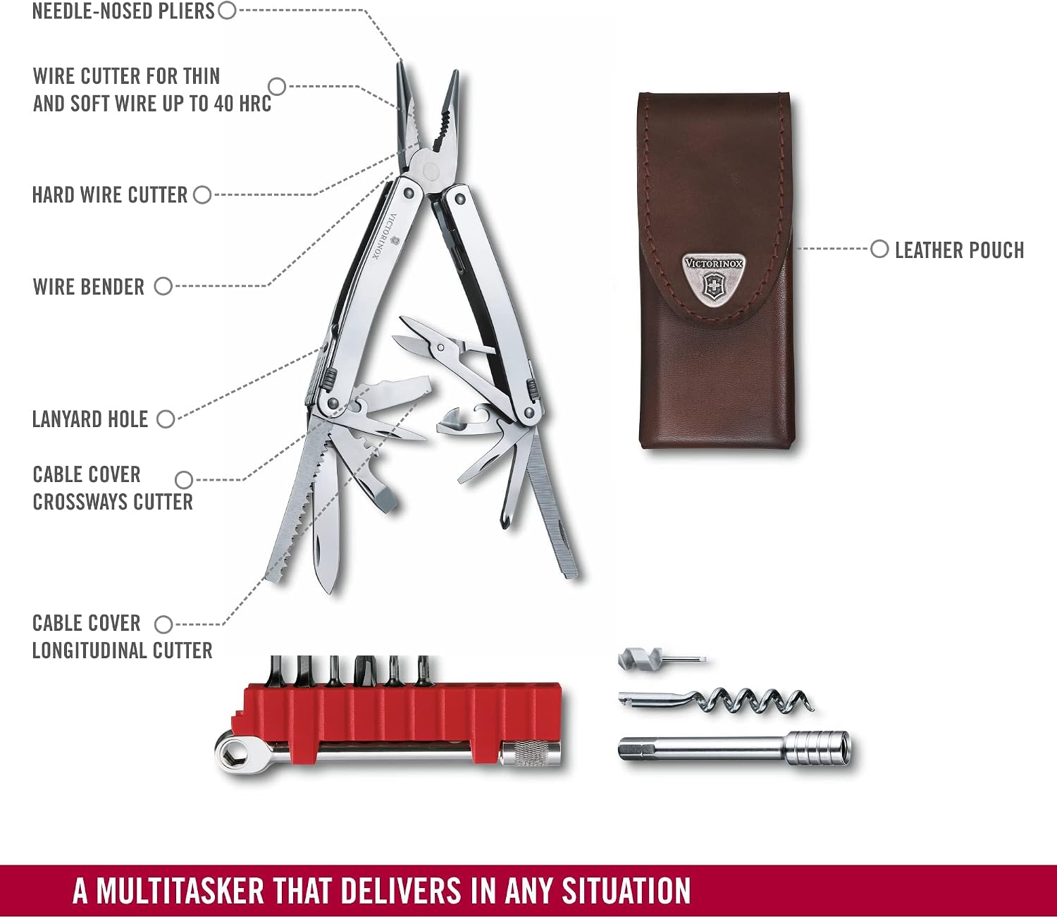 Victorinox Swiss Tool Spirit X Plus Ratchet Swiss Army Knife, 36 Function Swiss Made Multi-Tool with Needle-nose Pliers and Leather Pouch - Silver