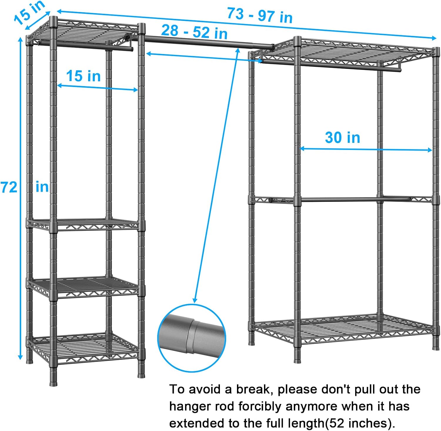 Ulif E10 Clothes Rack（With Stretchable Hanger Rod）Freestanding Clothing Racks for Hanging Clothes，Adjustable Closet Organizer System，Portable Garment Rack 73-97' W x 15' D x 72' H，Max Load 800LBS，Grey