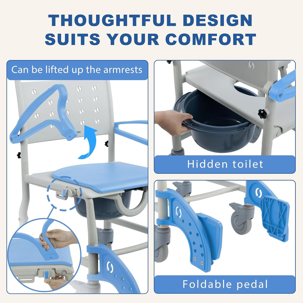 4-in-1 Bedside Commode Chair for Elderly, Rolling Shower Chair with Drop Arms & Lockable Wheels, Anti-Tilt Heavy Duty Waterproof Shower Wheelchair, 350lbs Capacity (Blue)