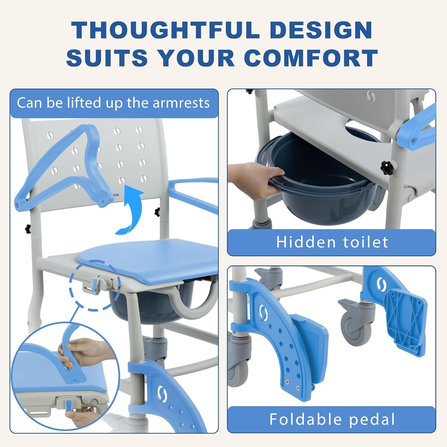 4-in-1 Bedside Commode Chair for Elderly, Rolling Shower Chair with Drop Arms & Lockable Wheels, Anti-Tilt Heavy Duty Waterproof Shower Wheelchair, 350lbs Capacity (Blue)