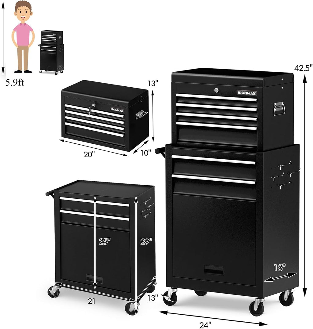 IRONMAX Rolling Tool Chest, 6-Drawer Lockable Tool Cabinet w/ 4 Universal Wheels, 2 in 1 Detachable Tool Box Storage Organizer for Garage Workshop Repair Shop (6-Drawer, Black)