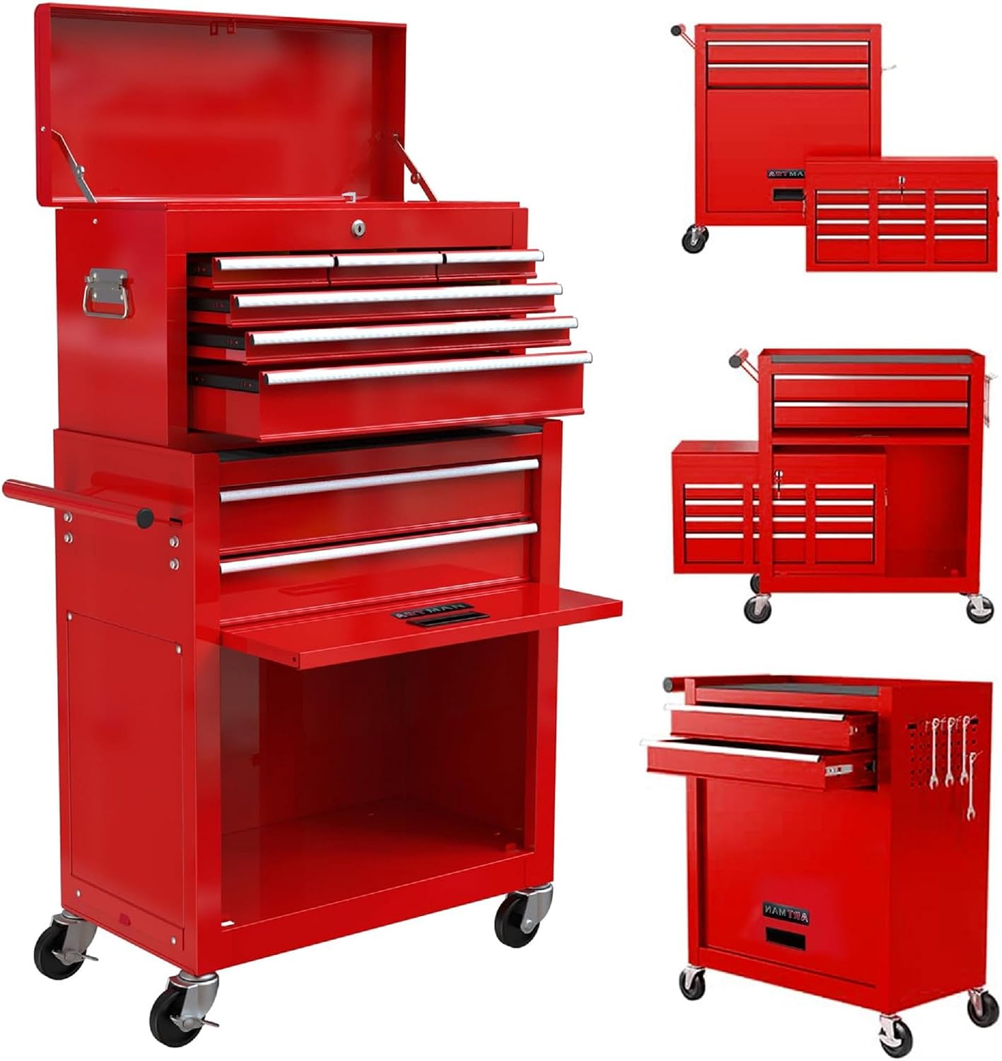 Campfun Rolling Tool Chest with Wheels, 8-Drawer Tool Box Organizer Tool Cabinet, Detachable Large Tool Cabinet with Lock, Mechanic Tool Cart High Capacity Tool Storage Cabinet, Red