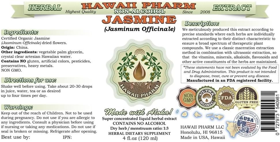 Hawaii Pharm Jasmine Alcohol-Free Liquid Extract, Professional Grade, Small Batch Jasmine (Jasminum officinale) Dried Flower Glycerite 64 oz