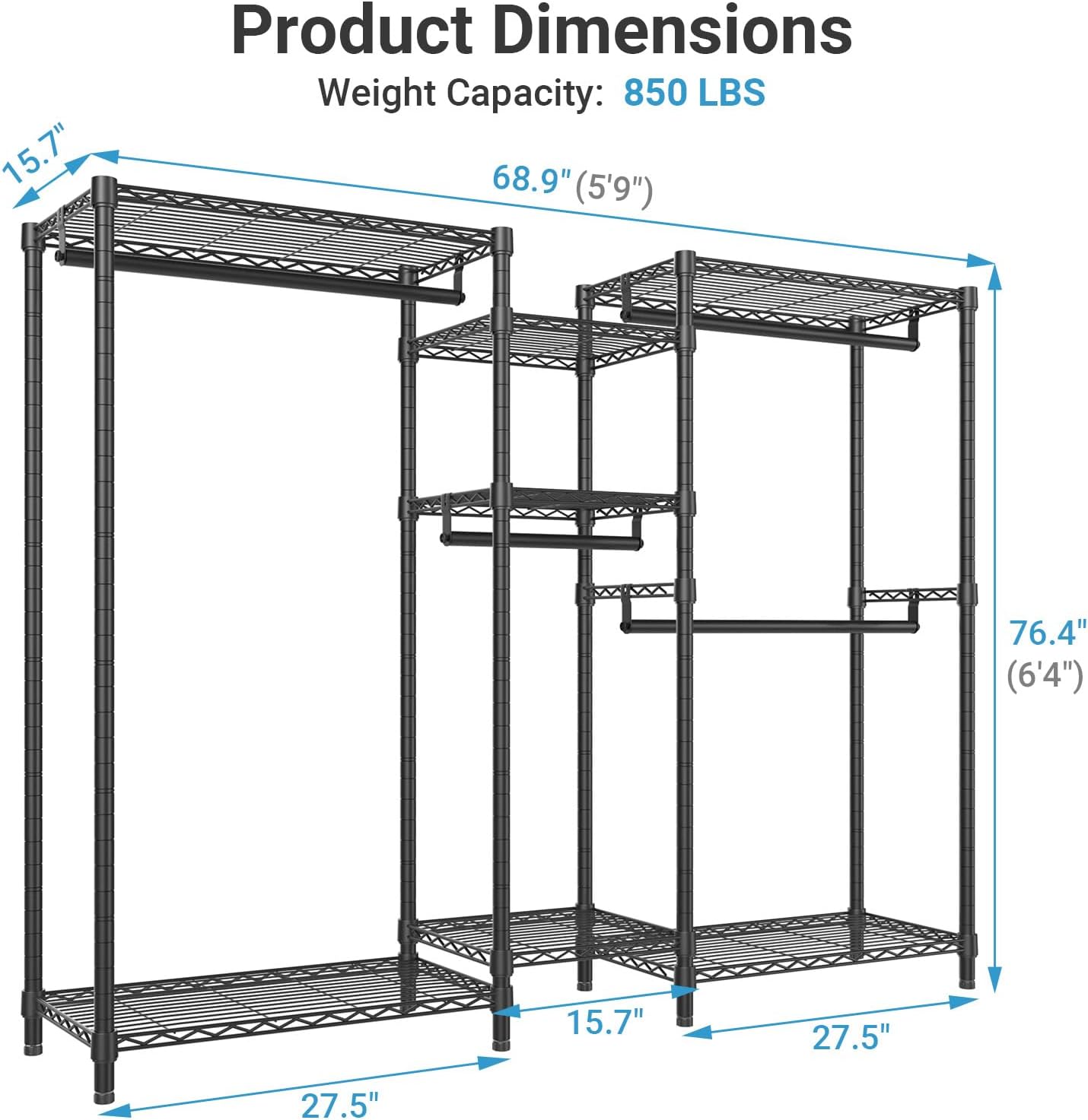 VIPEK Classic V6 Heavy Duty Clothes Rack, 7-Tier Garment Rack with Adjustable Shelves, Portable Closet Organizer with 4 Hanging Rods, Space-Saving, 850lbs Capacity, 68.9' L x 15.7' W x 76.4' H, Black