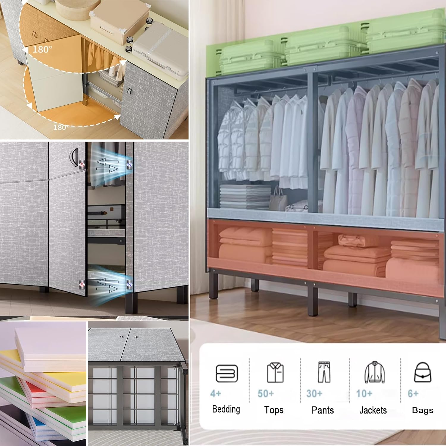 Foldable Heavy Duty Rolling Covered Metal Garment Rack on Lockable Wheels Large Capacity 360°Enclosed Portable Wardrobe Closet for Hanging Clothes (B, Black Door, 105cm/41.3in)