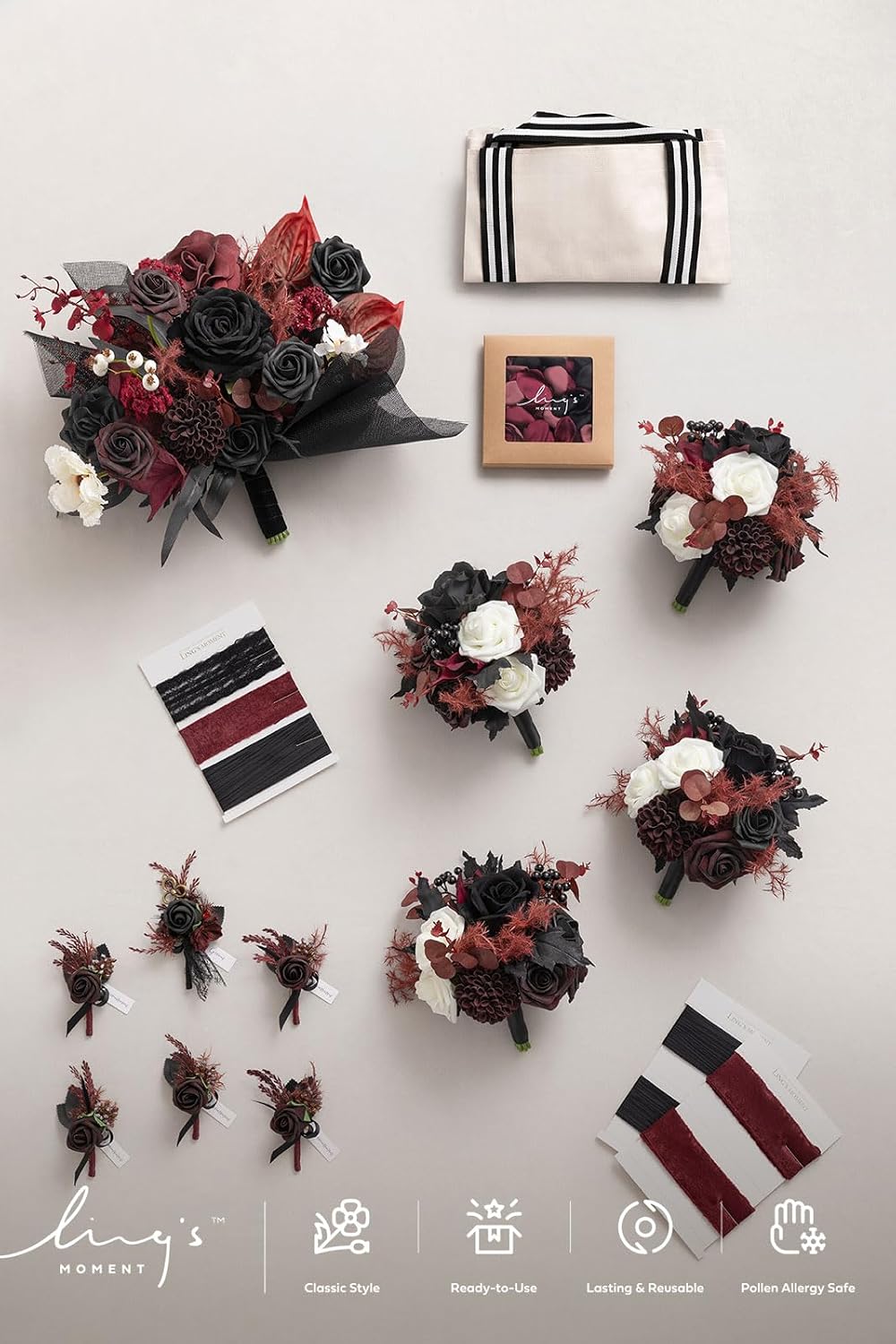 Ling's moment Wedding Artificial Flowers Package, Bridal Bouquet, Bridesmaid Bouquets, Boutonniere for Men, Rose Petals.Black Baccara Red