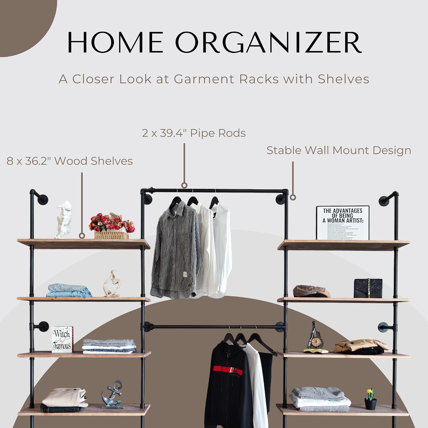 Industrial Pipe Clothing Rack Wall Mounted, DIY Custom Closet System with Shelves, Heavy Duty Garment Hanging Rack for Walk in Closet, Laundry Room, Retail Display, 14.6 x 112.6 x 82.7 in, Y03
