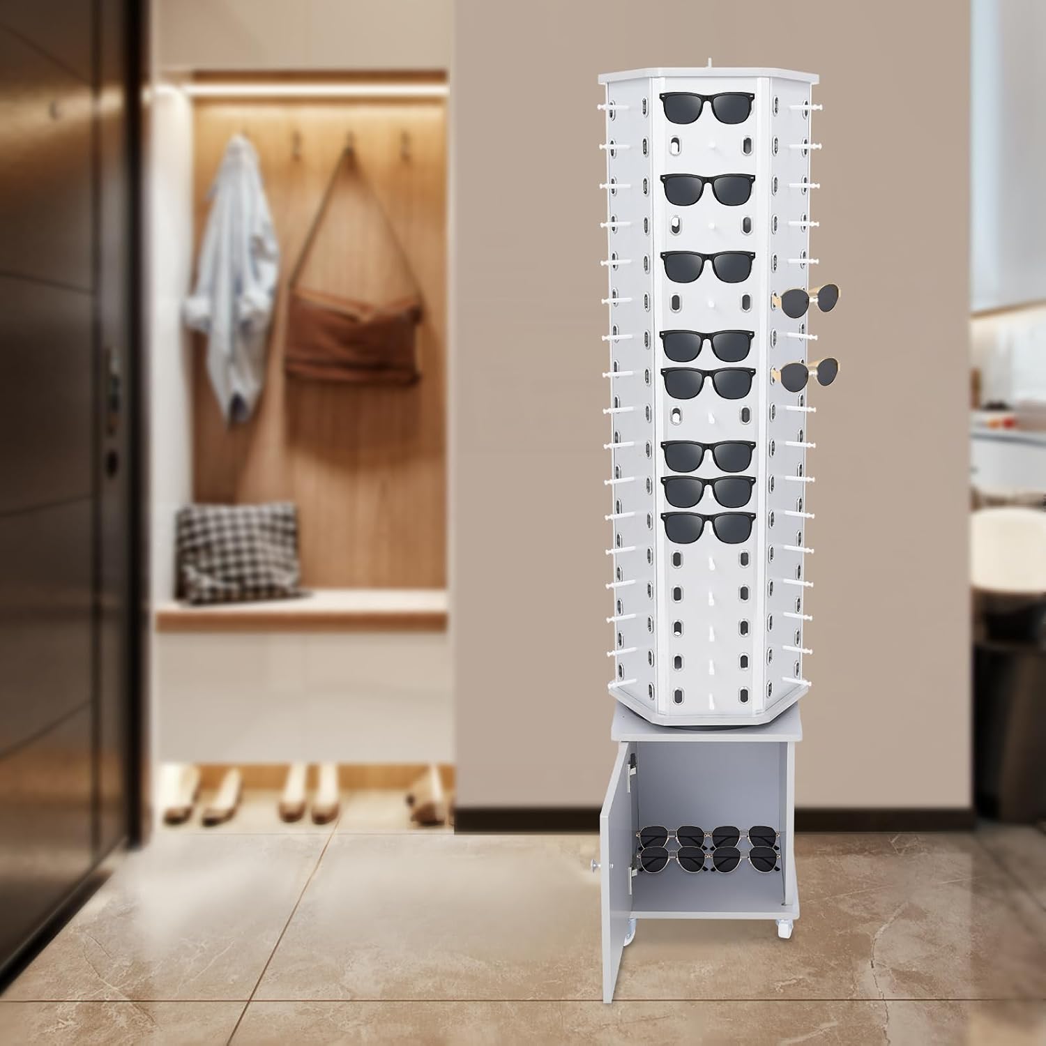102 Pairs Rotating Glasses Display Stand, Eyewear Storage Organizer with Cabinet & Wheels, Commercial Sunglasses Display Rack, Optical Shop Glasses Holder (Silver)