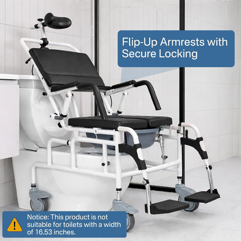 Eosprim Reclining Shower Chair with Wheels, Shower Wheelchair for Elderly and Disabled, Rolling Shower Chair with Commode, Bariatric Bathroom Wheelchair for Shower Use