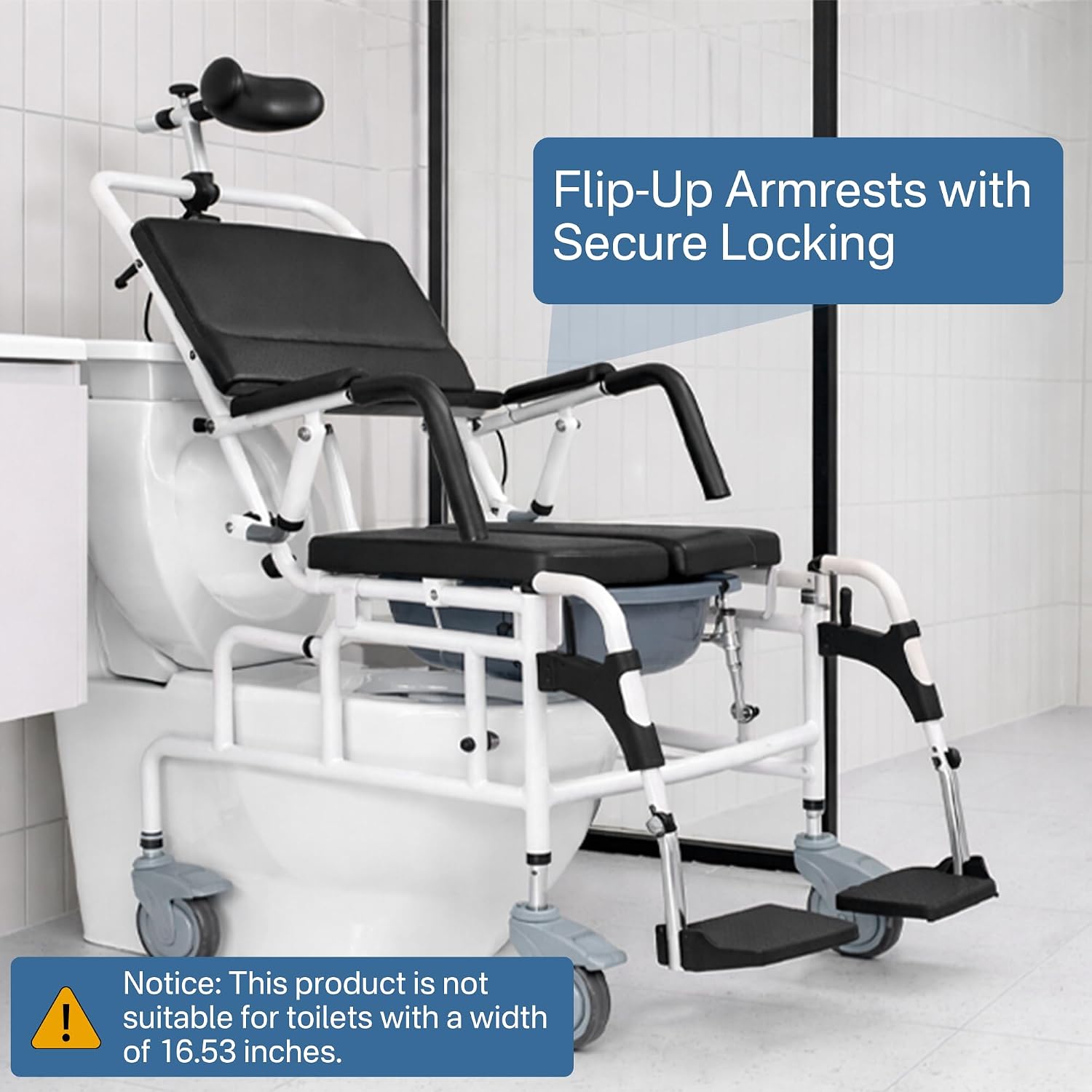 Eosprim Reclining Shower Chair with Wheels, Shower Wheelchair for Elderly and Disabled, Rolling Shower Chair with Commode, Bariatric Bathroom Wheelchair for Shower Use
