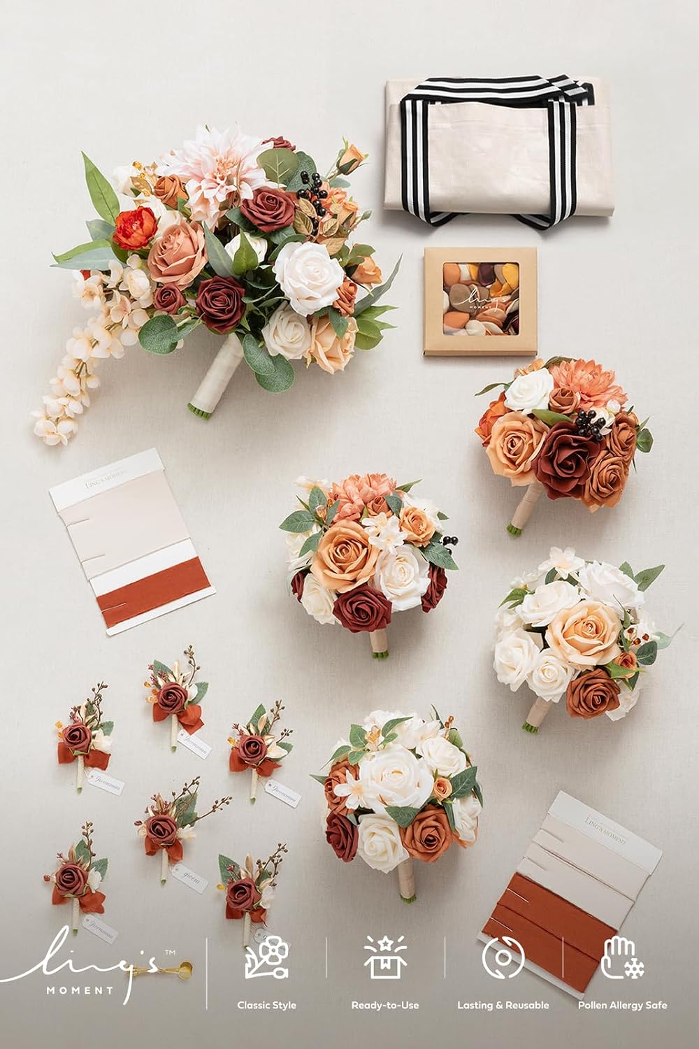 Ling's moment Wedding Artificial Flowers Package, Bridal Bouquet, Bridesmaid Bouquets, Boutonniere for Men, Rose Petals.Terracotta Orange