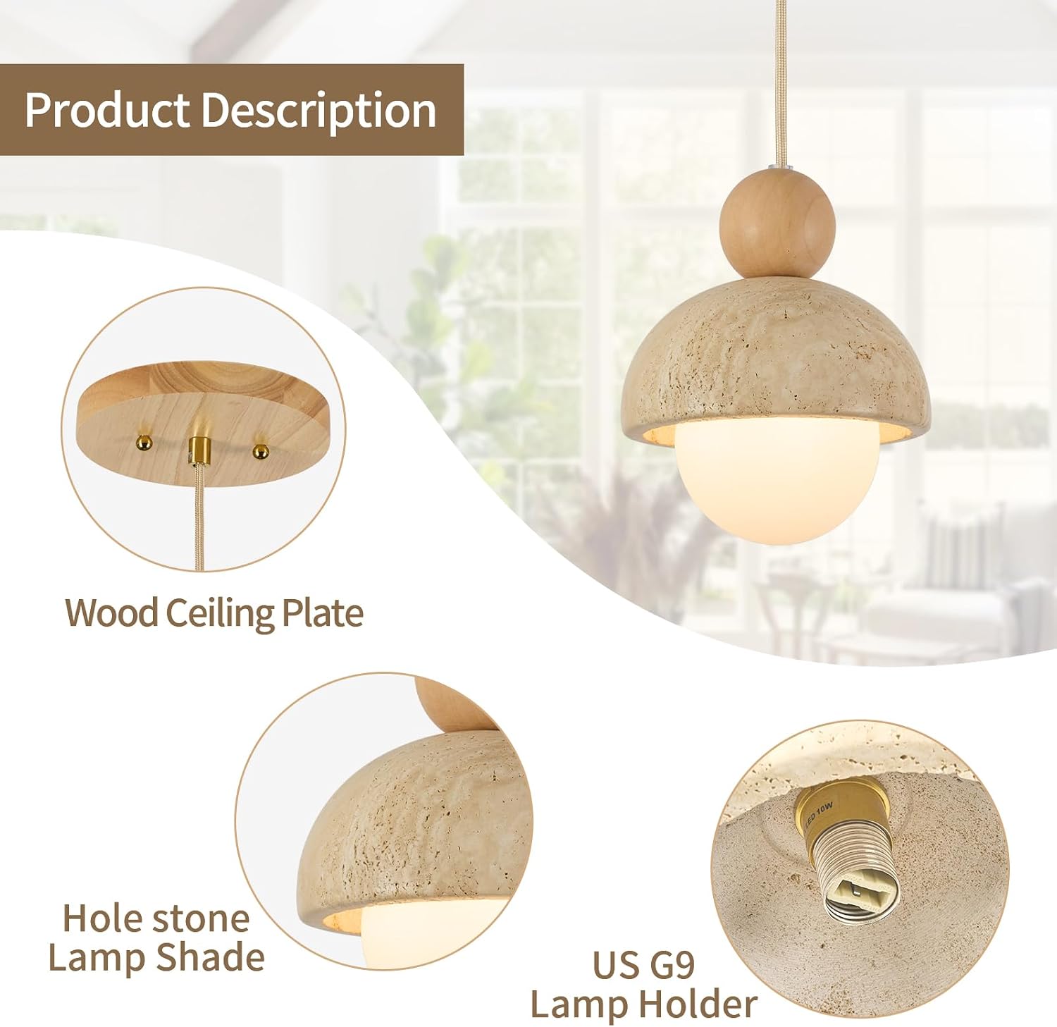 Natural Cave Stone Pendant Lights Kitchen Island Japanese Wabi Sabi Pendant Light Fixture with Wood Ceiling Plate Hanging Lamp for Hallway, Bedroom, Dining Room 3pcs