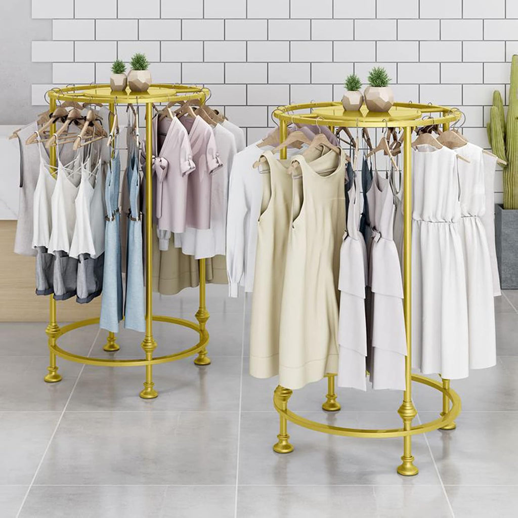Round Garment Rack, Floor Standing Iron clothes Hanging Rack with Topper, Suitable for Large Shopping Malls Retail, Clothes Boutique Display Laundry Rooms Multi-Purpose Hanging (GOLD)
