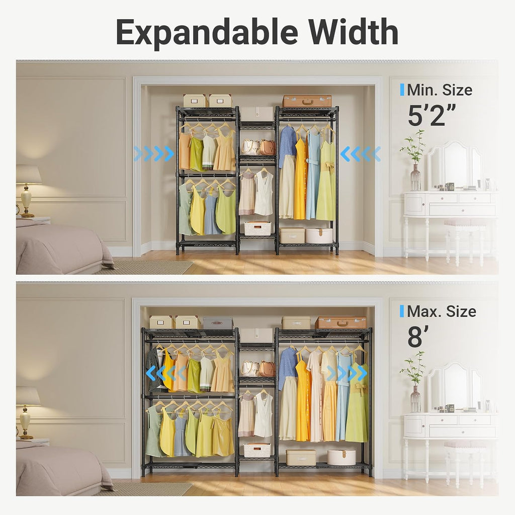 VIPEK Classic V6X Dynamic Closet System, Expandable Freestanding Clothes Rack with Shelves & Hanging Rods, Adjustable Width 62'-96', Modular Metal Clothing Rack Organizer for Reach-in Closet