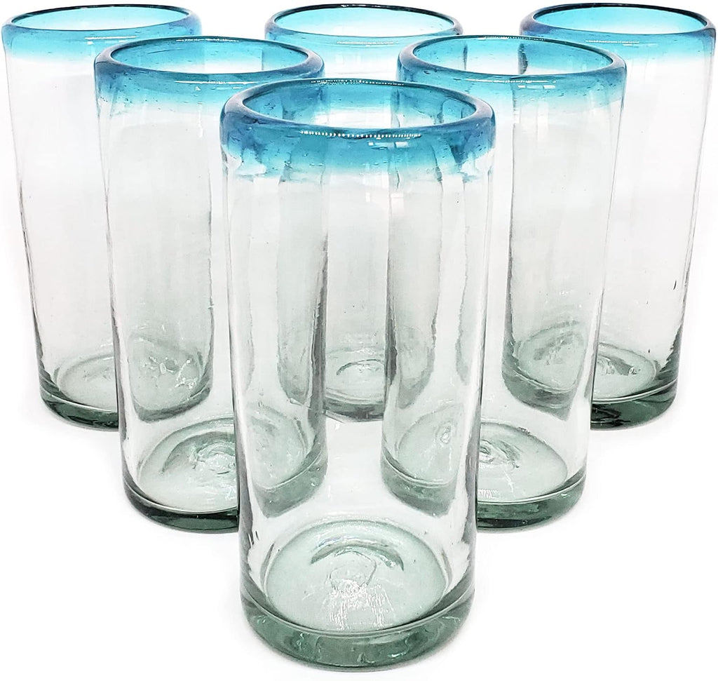 Aqua Blue Rim 20 oz Tall Iced Tea Glasses (set of 6) Mexican Handmade Glassware, Recycled Glass, Lead-free, Toxin-Free (Tall Iced Tea)