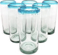 Aqua Blue Rim 20 oz Tall Iced Tea Glasses (set of 6) Mexican Handmade Glassware, Recycled Glass, Lead-free, Toxin-Free (Tall Iced Tea)