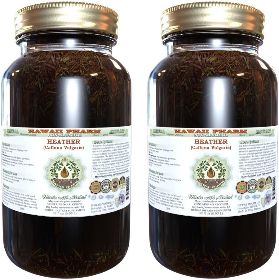 Hawaii Pharm Heather Alcohol-Free Liquid Extract, Heather (Calluna Vulgaris) Dried Leaf and Flower Glycerite Natural Herbal Supplement 2x32 oz Unfiltered