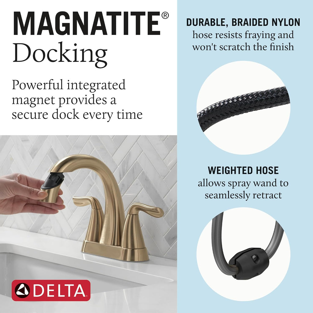 Delta Arvo Pull-Down Centerset Bathroom Faucet, Gold Bathroom Sink Faucet, Bathroom Faucet with Pull Out Sprayer, 3-Hole Bathroom Faucet, Champagne Bronze 25840LF-CZPD