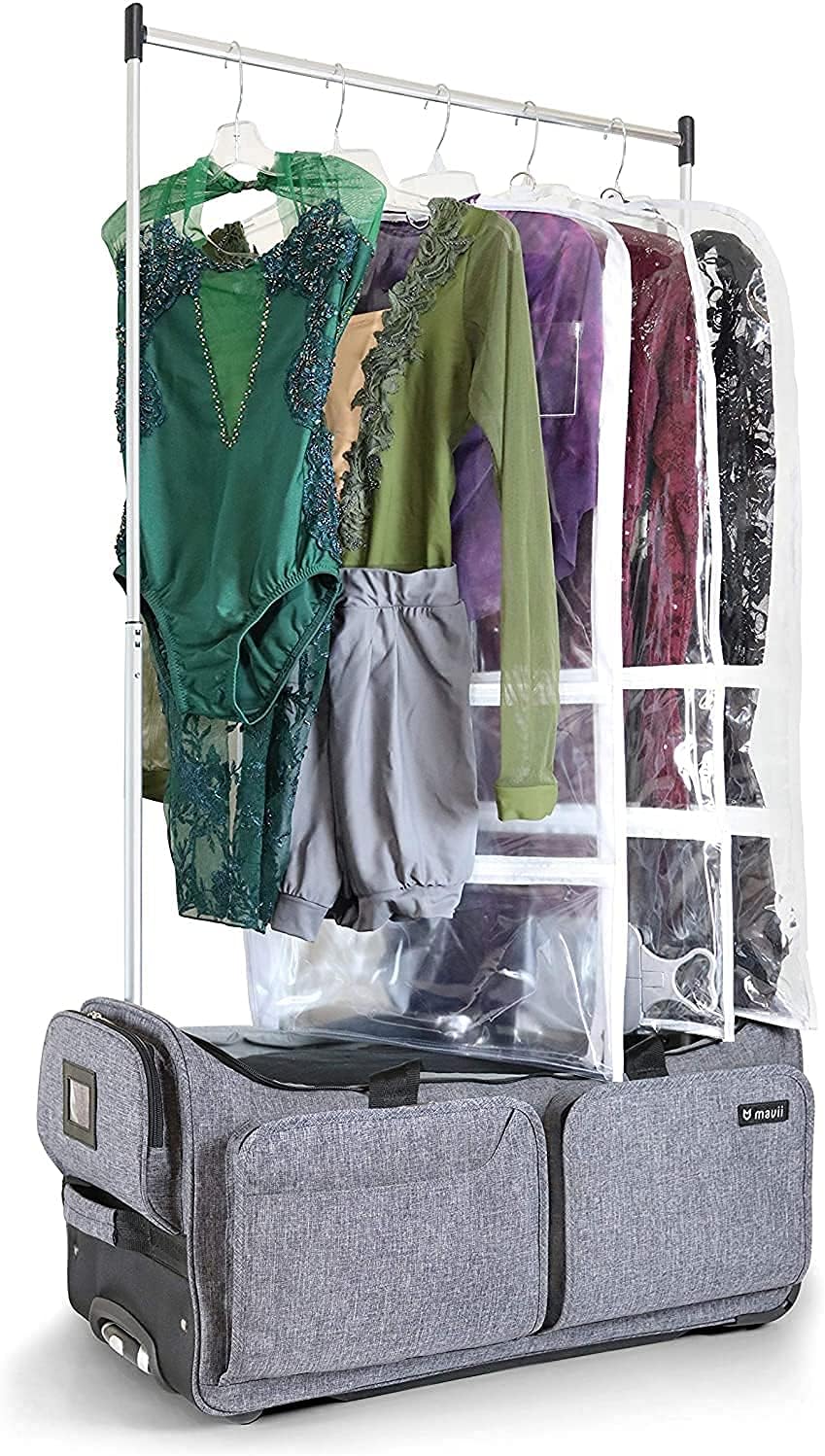 Mavii Dance Bag with Garment Rack, 28 inch Rolling Duffel With, Ideal for Competitions & Travel, Easy-assembly Lightweight Aluminum Clothes Rack, Wheeled Upright Luggage, Heathered Gray
