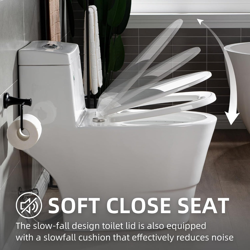 WOODBRIDGEE One Piece Toilet with Soft Closing Seat, Chair Height, 1.28 GPF Dual, Water Sensed, 1000 Gram MaP Flushing Score Toilet with Mattle Black, White,B0940-F-MB